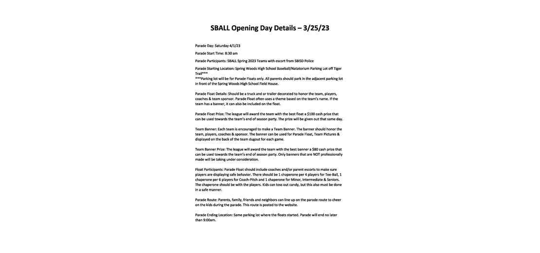 SBALL Opening Day info